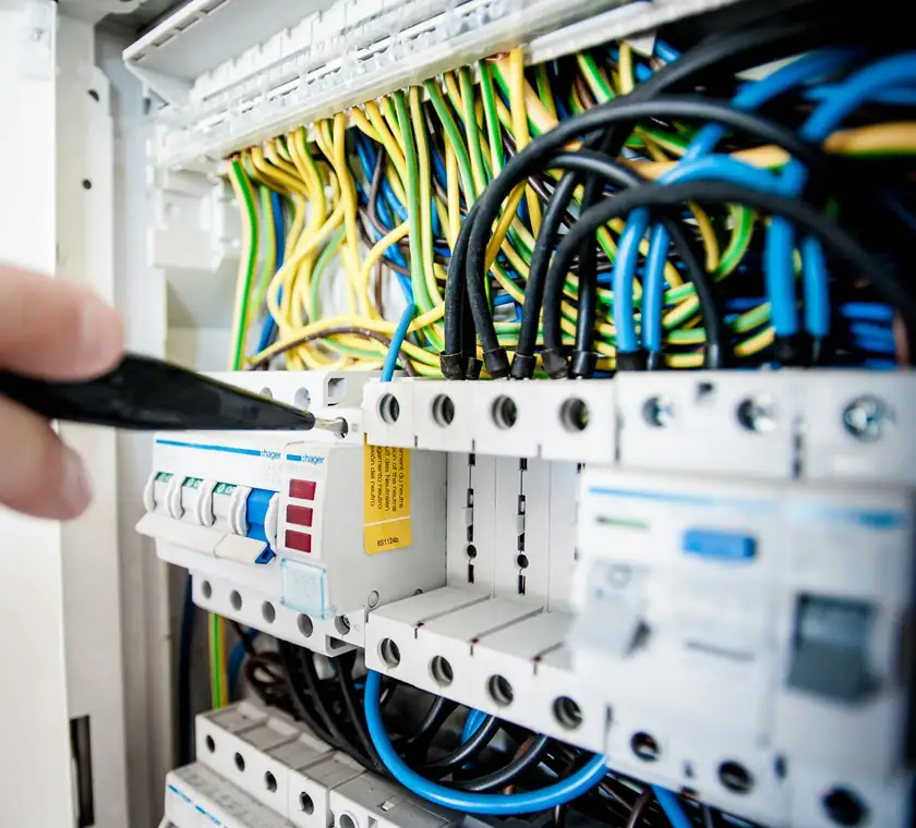 Close-up of electrical wiring and control equipment in an open cabinet